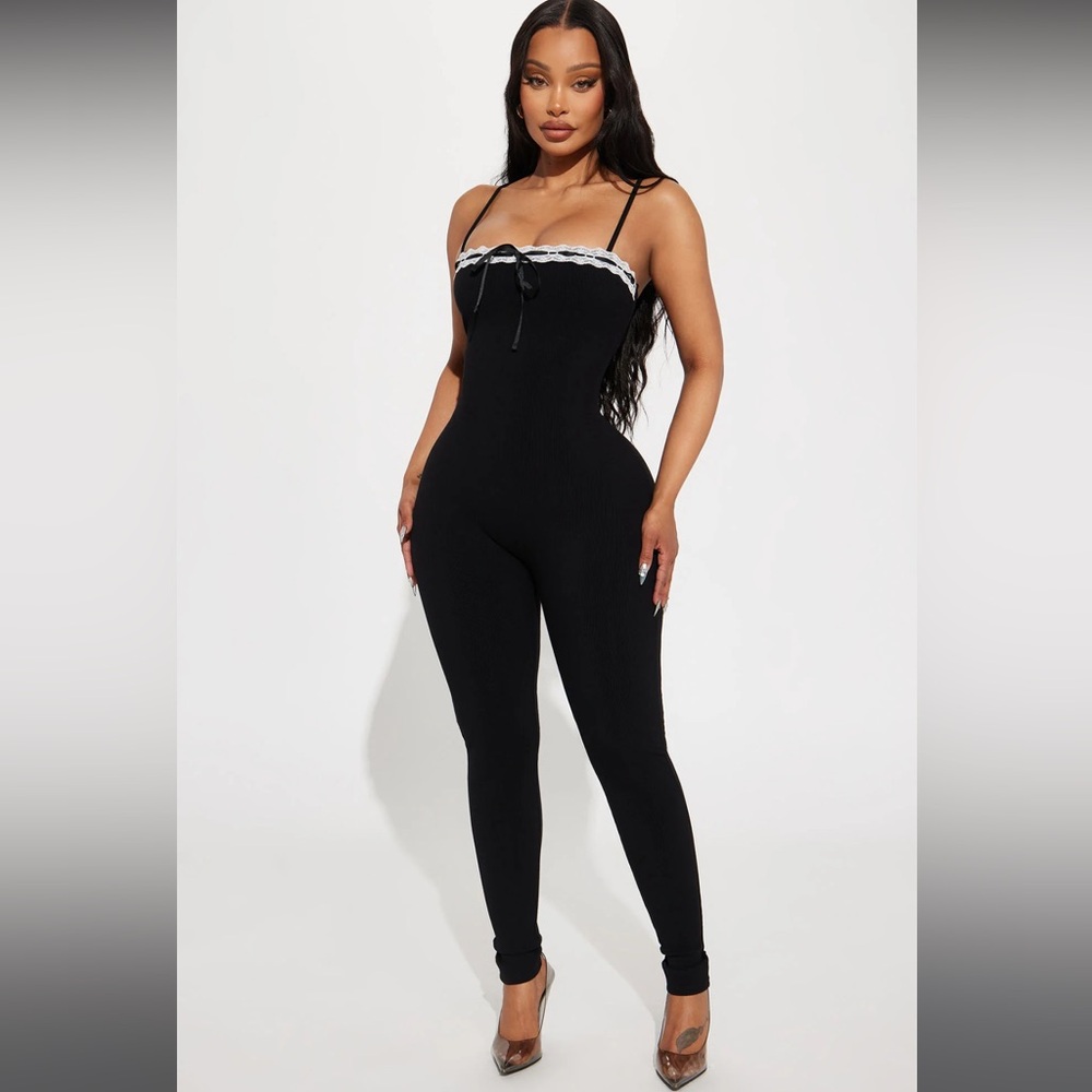 Fashion Nova Black Lace-Trim Jumpsuit